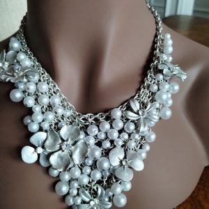 Elegant Pearl & Silver Floral Statement Necklace